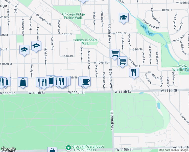 map of restaurants, bars, coffee shops, grocery stores, and more near 10956 Major Avenue in Chicago Ridge