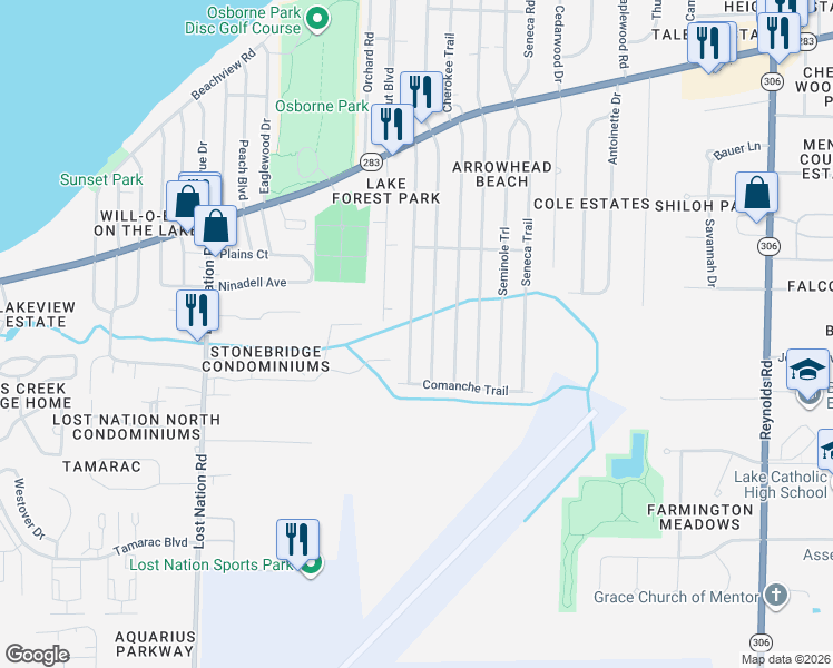 map of restaurants, bars, coffee shops, grocery stores, and more near 1221 Mohegan Trail in Willoughby
