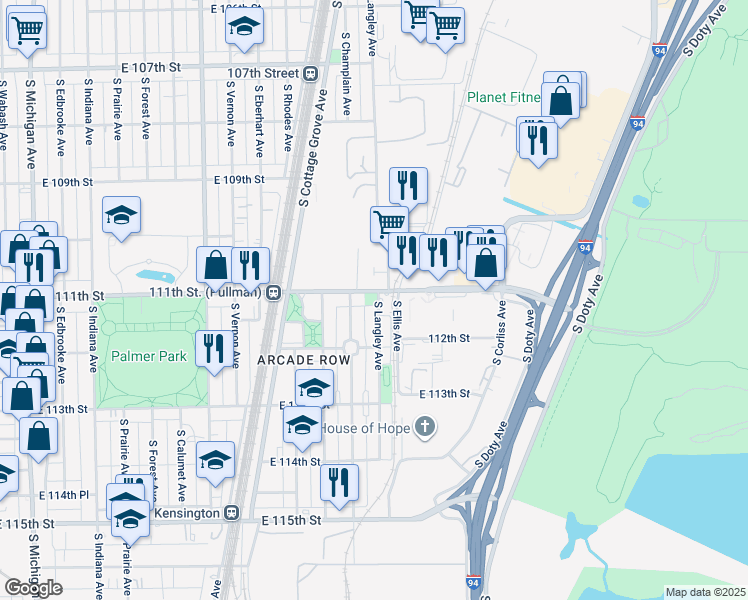 map of restaurants, bars, coffee shops, grocery stores, and more near 657 East 111th Street in Chicago