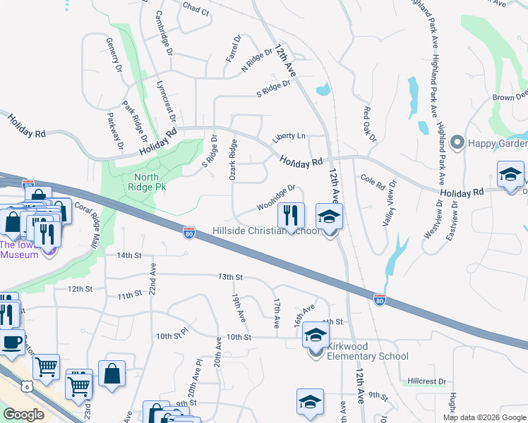 map of restaurants, bars, coffee shops, grocery stores, and more near 1388 Woolridge Drive in Coralville