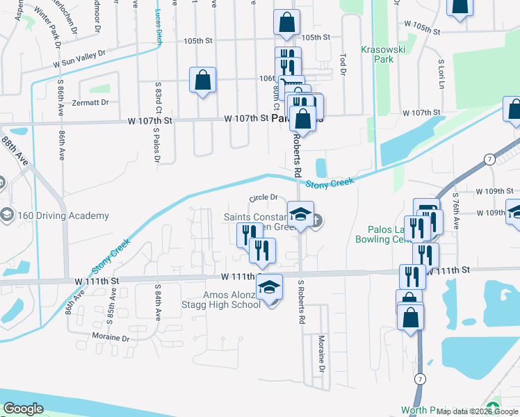map of restaurants, bars, coffee shops, grocery stores, and more near 10916 Circle Court in Palos Hills