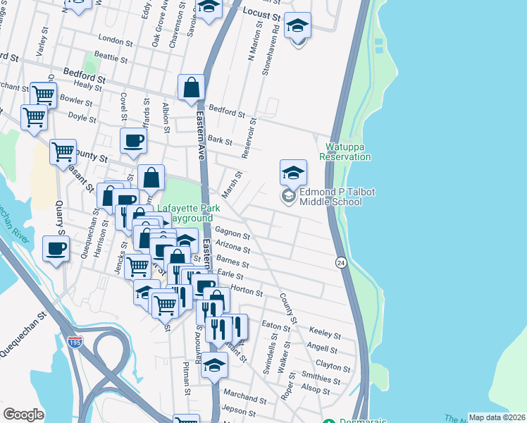 map of restaurants, bars, coffee shops, grocery stores, and more near 53 Melrose Street in Fall River