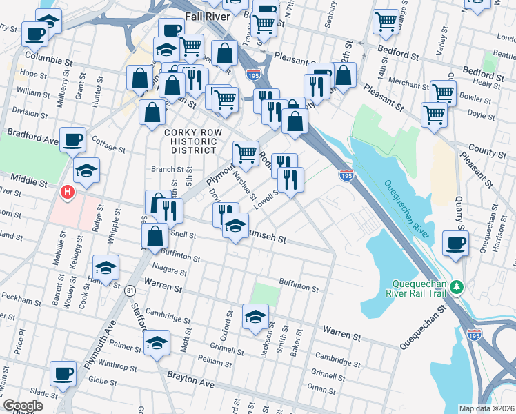 map of restaurants, bars, coffee shops, grocery stores, and more near 159 Nashua Street in Fall River