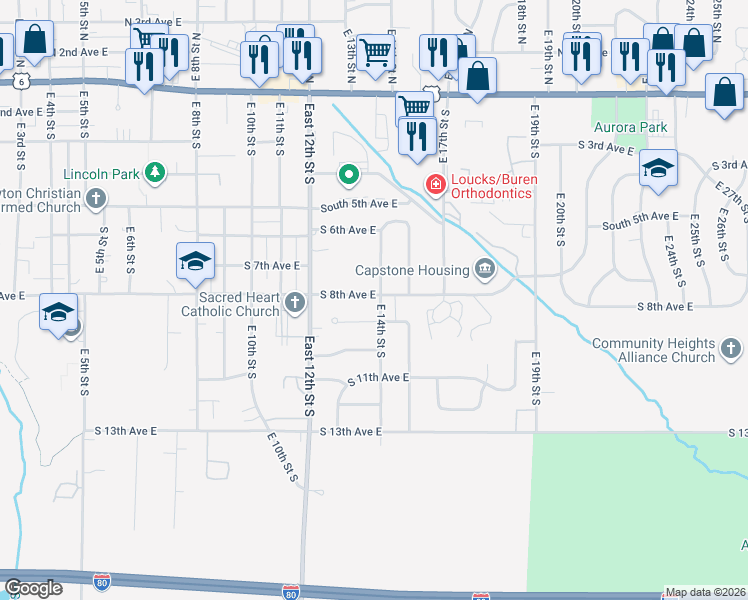 map of restaurants, bars, coffee shops, grocery stores, and more near 1309 South 8th Avenue East in Newton