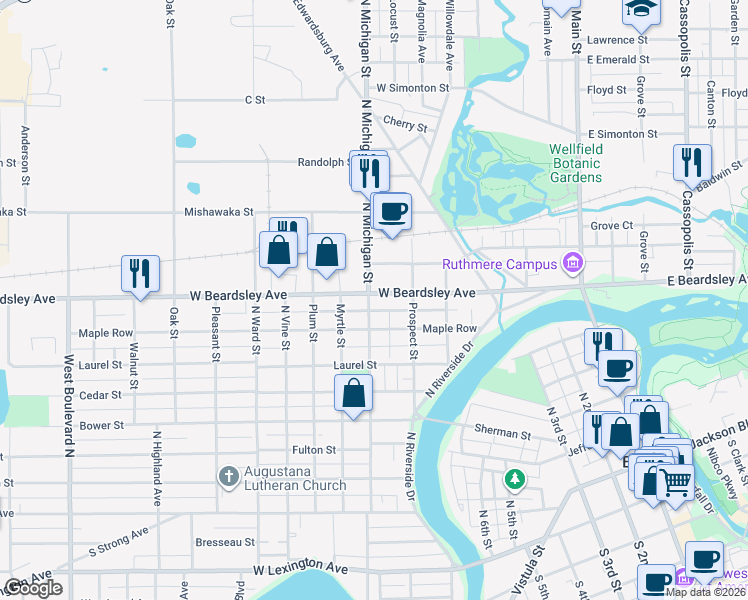 map of restaurants, bars, coffee shops, grocery stores, and more near 619 West Beardsley Avenue in Elkhart