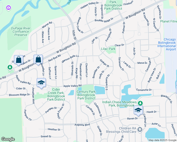 map of restaurants, bars, coffee shops, grocery stores, and more near 174 Chestnut Lane in Bolingbrook
