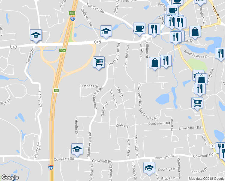 map of restaurants, bars, coffee shops, grocery stores, and more near 8 Viceroy Road in Warwick
