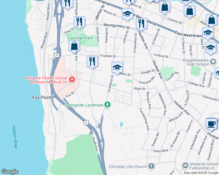 map of restaurants, bars, coffee shops, grocery stores, and more near Academy St & Livingston St in Poughkeepsie