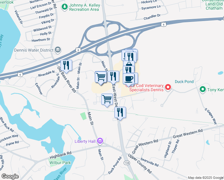 map of restaurants, bars, coffee shops, grocery stores, and more near 485 Massachusetts 134 in Dennis