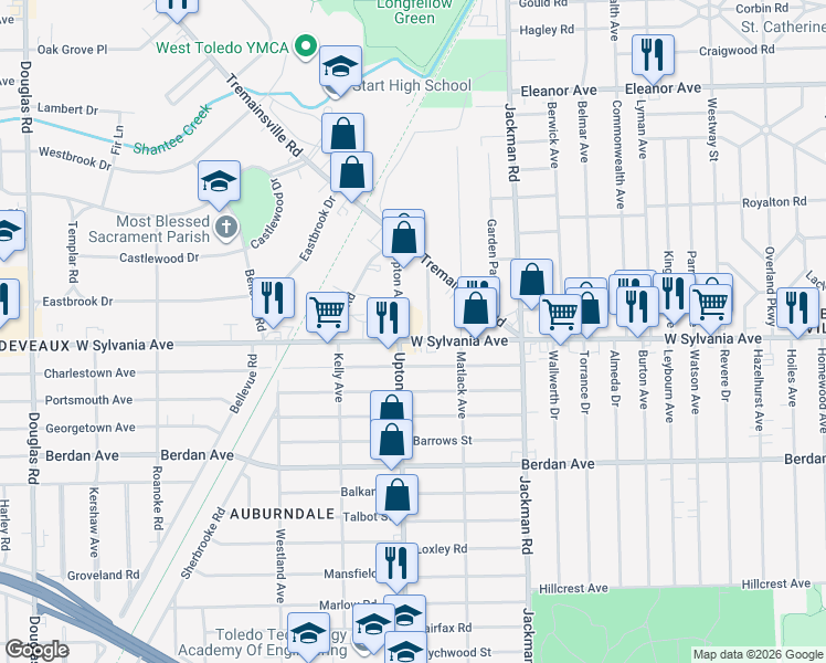 map of restaurants, bars, coffee shops, grocery stores, and more near 1846 W Sylvania Ave in Toledo