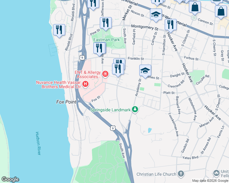 map of restaurants, bars, coffee shops, grocery stores, and more near 162 South Avenue in Poughkeepsie