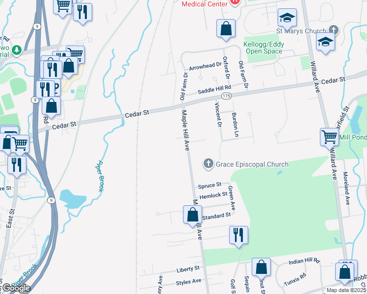map of restaurants, bars, coffee shops, grocery stores, and more near 79 Maple Hill Avenue in Newington