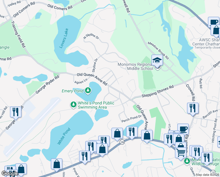 map of restaurants, bars, coffee shops, grocery stores, and more near 263 Old Queen Anne Road in Chatham
