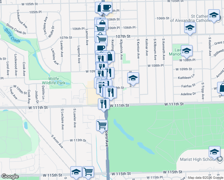 map of restaurants, bars, coffee shops, grocery stores, and more near 11000 Keating Avenue in Oak Lawn