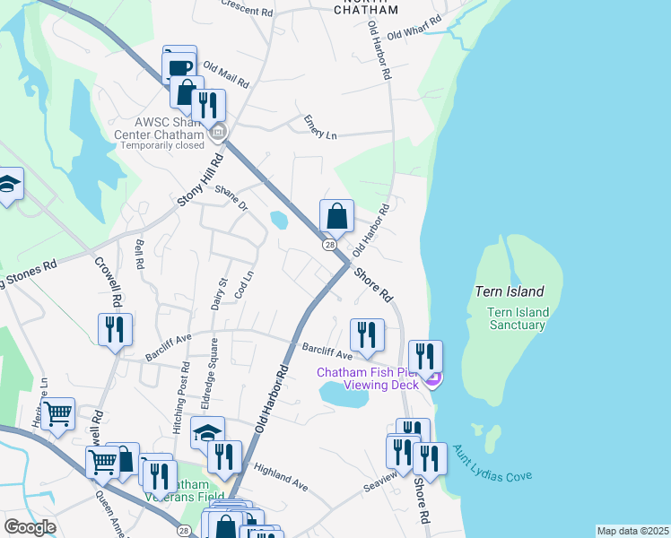 map of restaurants, bars, coffee shops, grocery stores, and more near 155 Palmer Drive in Chatham