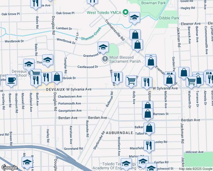 map of restaurants, bars, coffee shops, grocery stores, and more near 2158 West Sylvania Avenue in Toledo