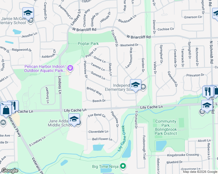 map of restaurants, bars, coffee shops, grocery stores, and more near 221 Shady Lane in Bolingbrook