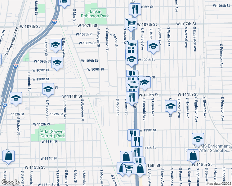 map of restaurants, bars, coffee shops, grocery stores, and more near 902 W 111th St in Chicago