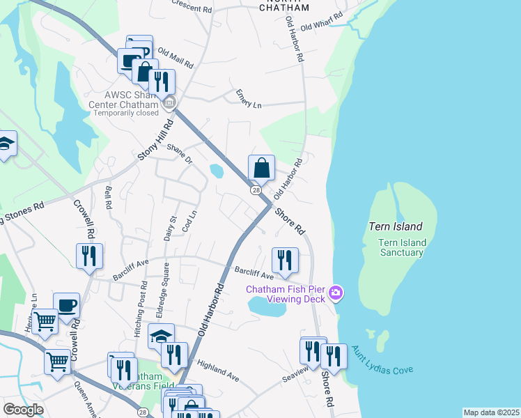 map of restaurants, bars, coffee shops, grocery stores, and more near 155 Palmer Drive in Chatham