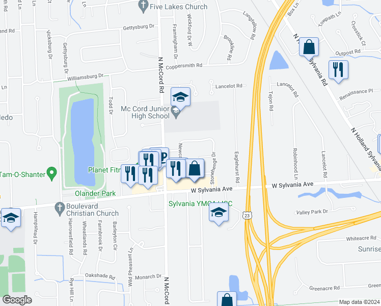 map of restaurants, bars, coffee shops, grocery stores, and more near 6556 Abbey Run in Sylvania