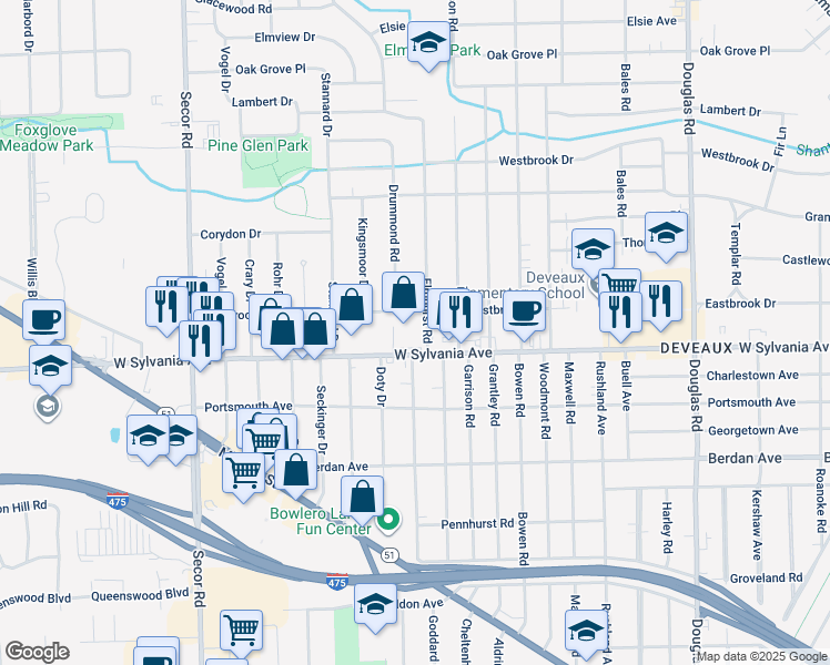 map of restaurants, bars, coffee shops, grocery stores, and more near 2936 West Sylvania Avenue in Toledo