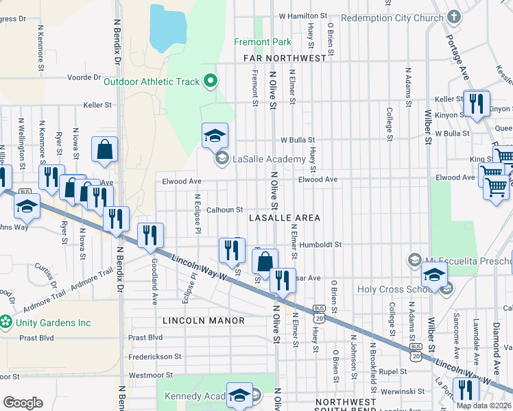 map of restaurants, bars, coffee shops, grocery stores, and more near 1313 Fremont Street in South Bend