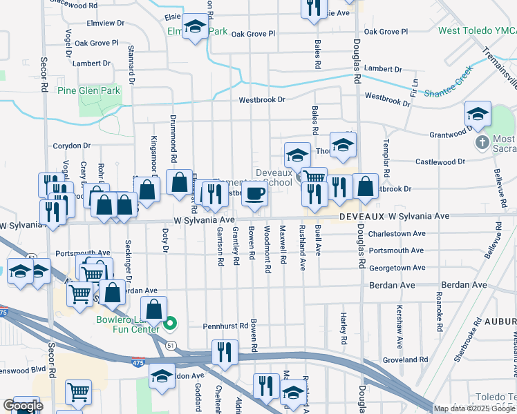 map of restaurants, bars, coffee shops, grocery stores, and more near 4018 Bowen Road in Toledo