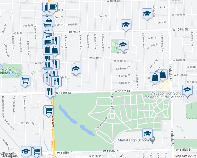 map of restaurants, bars, coffee shops, grocery stores, and more near 11005 Kilbourn Avenue in Oak Lawn