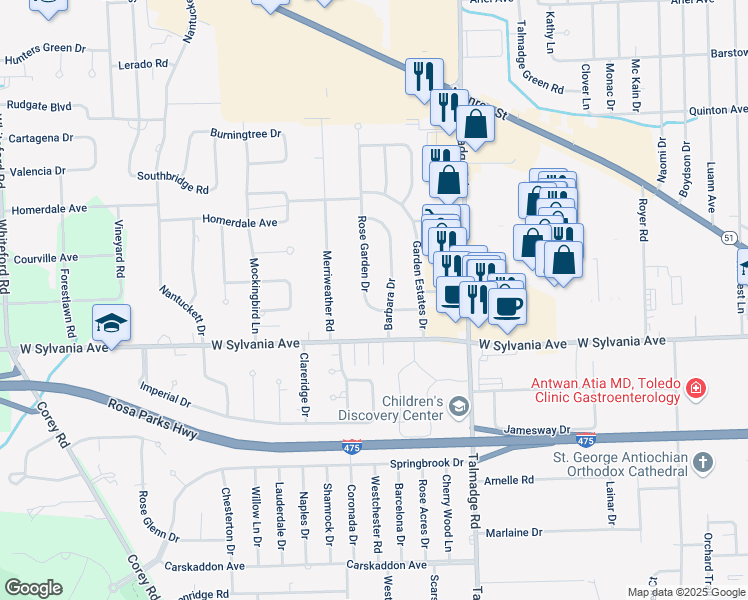 map of restaurants, bars, coffee shops, grocery stores, and more near 4102 Rose Garden Drive in Toledo