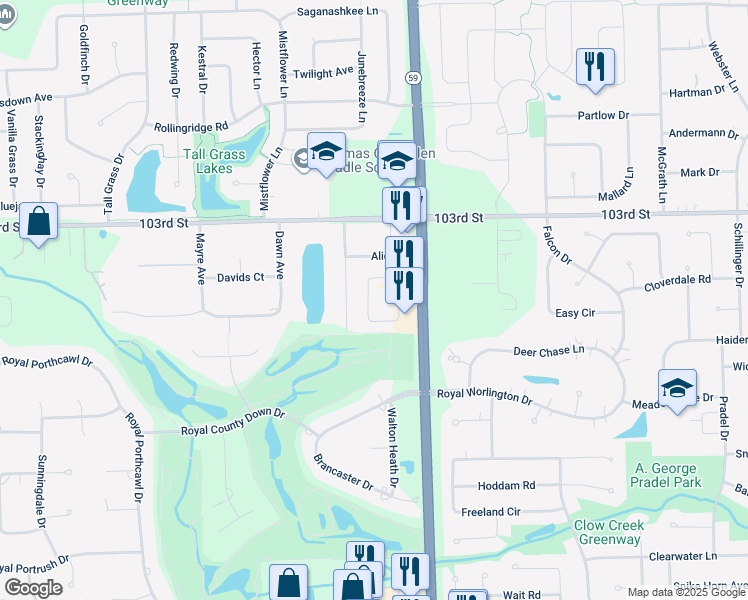 map of restaurants, bars, coffee shops, grocery stores, and more near 4151 Royal Mews Circle in Naperville