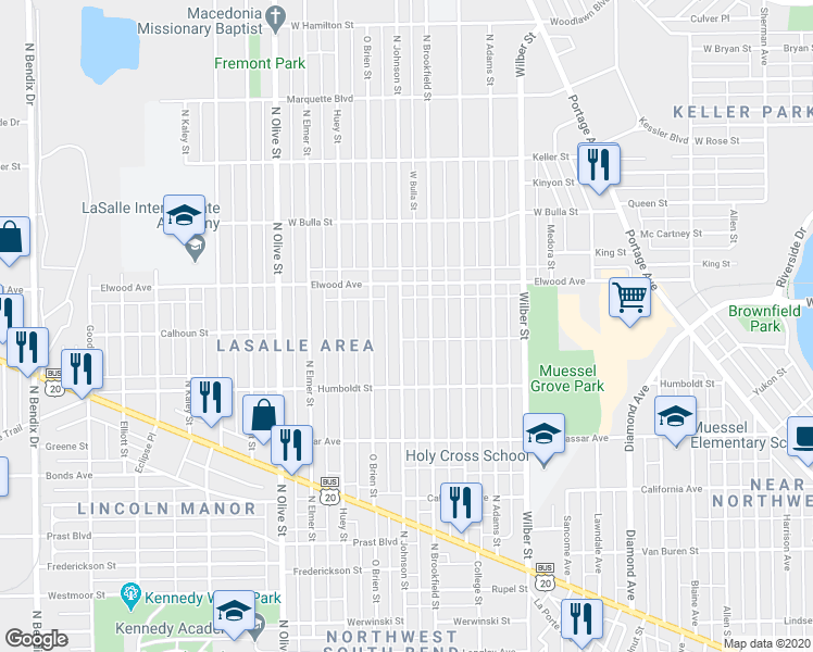 map of restaurants, bars, coffee shops, grocery stores, and more near 1322 North Johnson Street in South Bend