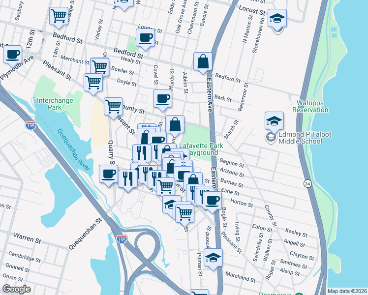 map of restaurants, bars, coffee shops, grocery stores, and more near in Fall River