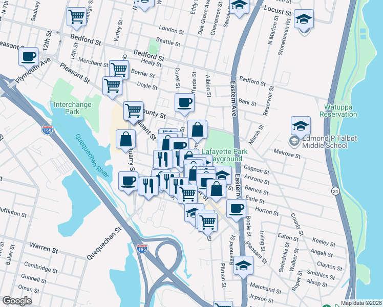 map of restaurants, bars, coffee shops, grocery stores, and more near 139 Thomas Street in Fall River
