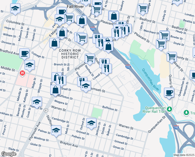 map of restaurants, bars, coffee shops, grocery stores, and more near 65 Manchester Street in Fall River