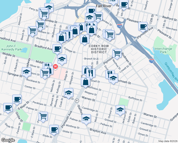 map of restaurants, bars, coffee shops, grocery stores, and more near 31 Lyon Street in Fall River