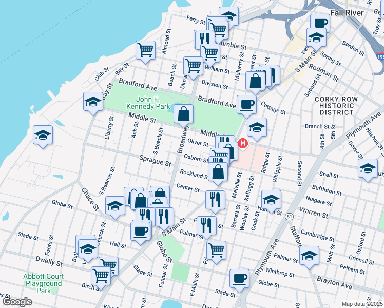 map of restaurants, bars, coffee shops, grocery stores, and more near 128 Osborn Street in Fall River