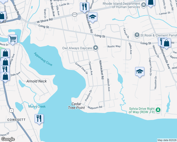 map of restaurants, bars, coffee shops, grocery stores, and more near 95 Tiernan Avenue in Warwick