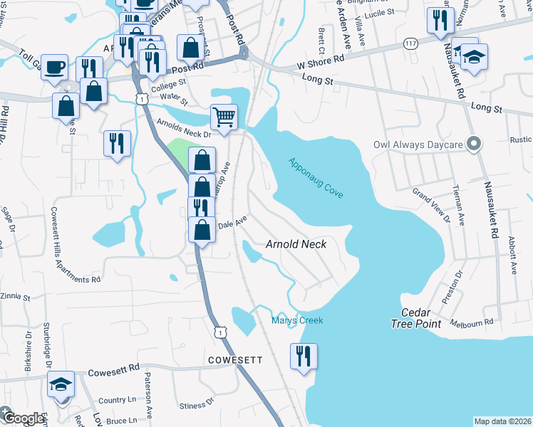 map of restaurants, bars, coffee shops, grocery stores, and more near 151 Staples Avenue in Warwick