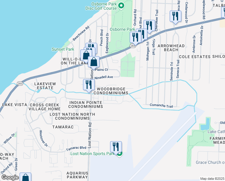 map of restaurants, bars, coffee shops, grocery stores, and more near 1265 Lost Nation Road in Willoughby