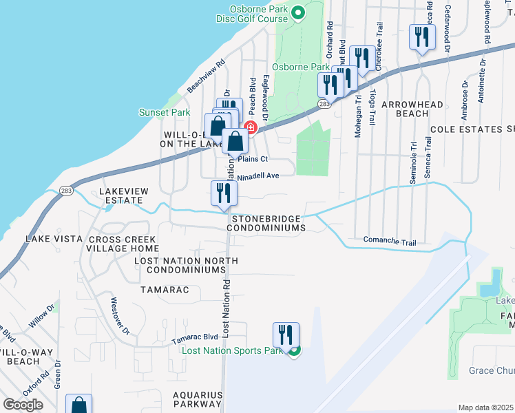 map of restaurants, bars, coffee shops, grocery stores, and more near 1263 Lost Nation Road in Willoughby