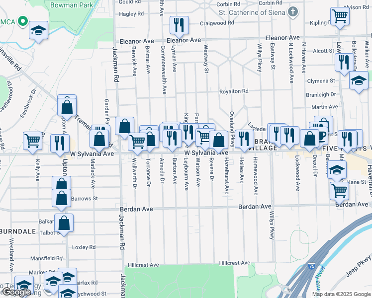 map of restaurants, bars, coffee shops, grocery stores, and more near 1478 West Sylvania Avenue in Toledo