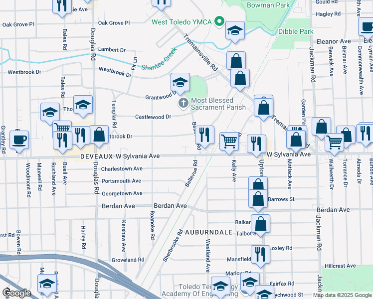 map of restaurants, bars, coffee shops, grocery stores, and more near 2158 West Sylvania Avenue in Toledo