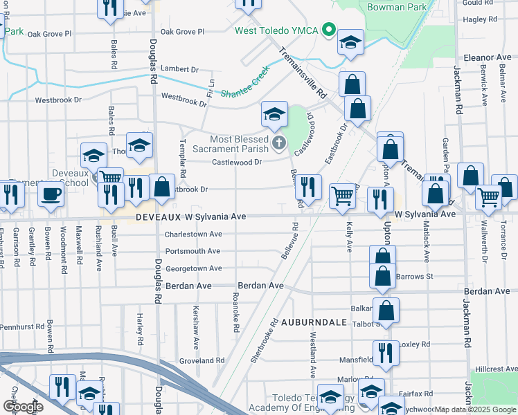 map of restaurants, bars, coffee shops, grocery stores, and more near 2238 West Sylvania Avenue in Toledo