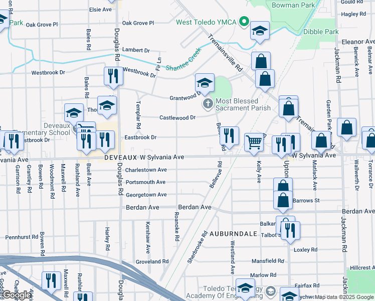 map of restaurants, bars, coffee shops, grocery stores, and more near 2238 West Sylvania Avenue in Toledo