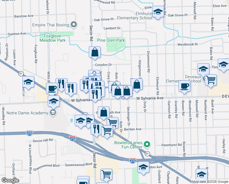 map of restaurants, bars, coffee shops, grocery stores, and more near 4018 Crary Drive in Toledo
