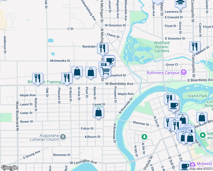 map of restaurants, bars, coffee shops, grocery stores, and more near 619 West Beardsley Avenue in Elkhart