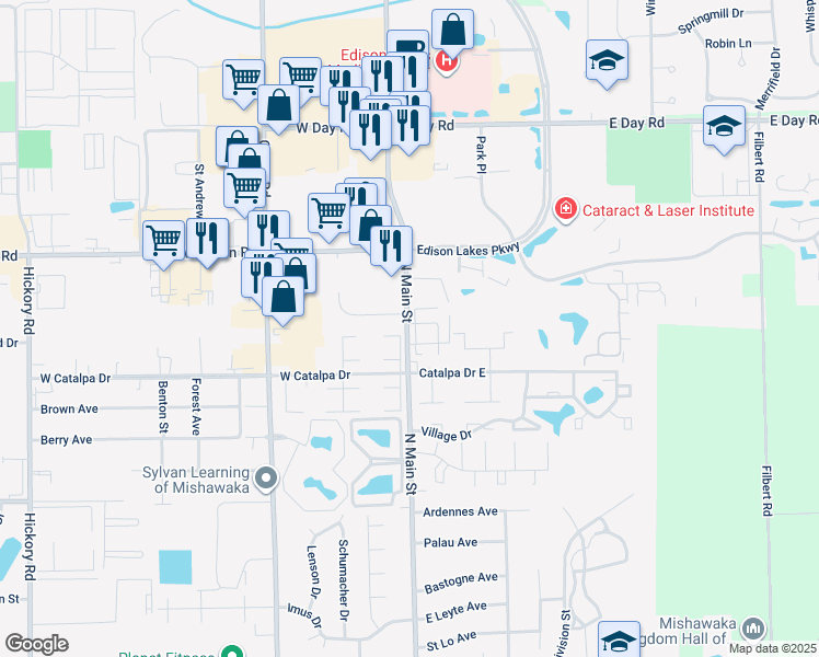 map of restaurants, bars, coffee shops, grocery stores, and more near 3600 North Main Street in Mishawaka