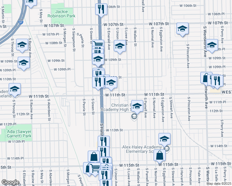 map of restaurants, bars, coffee shops, grocery stores, and more near 710 West 111th Street in Chicago