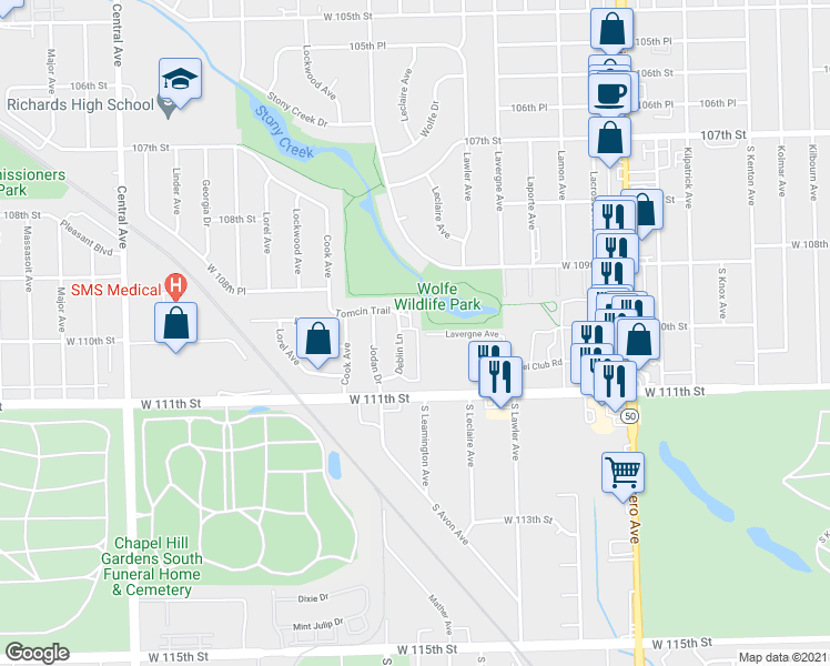 map of restaurants, bars, coffee shops, grocery stores, and more near 5105 Deblin Lane in Oak Lawn