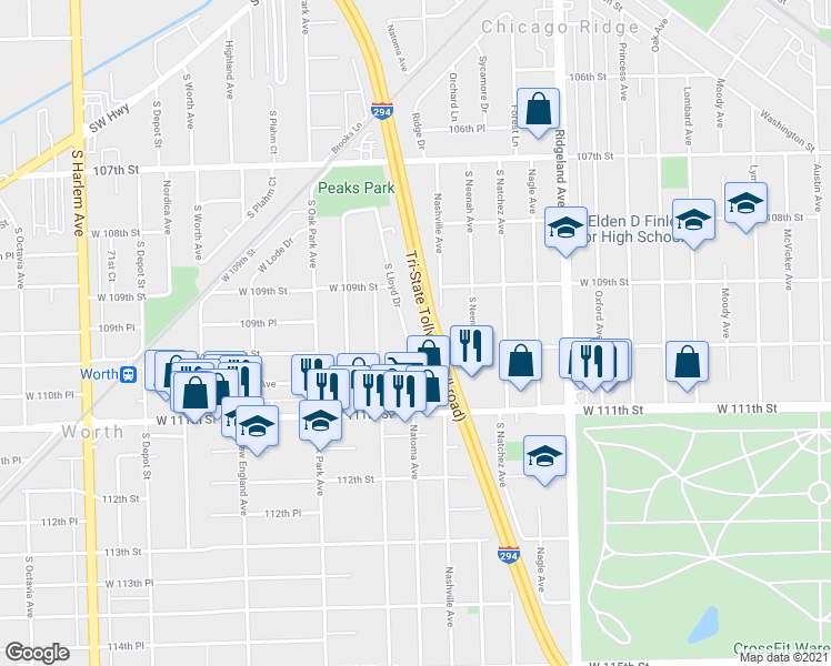 map of restaurants, bars, coffee shops, grocery stores, and more near 10935 South Lloyd Drive in Worth